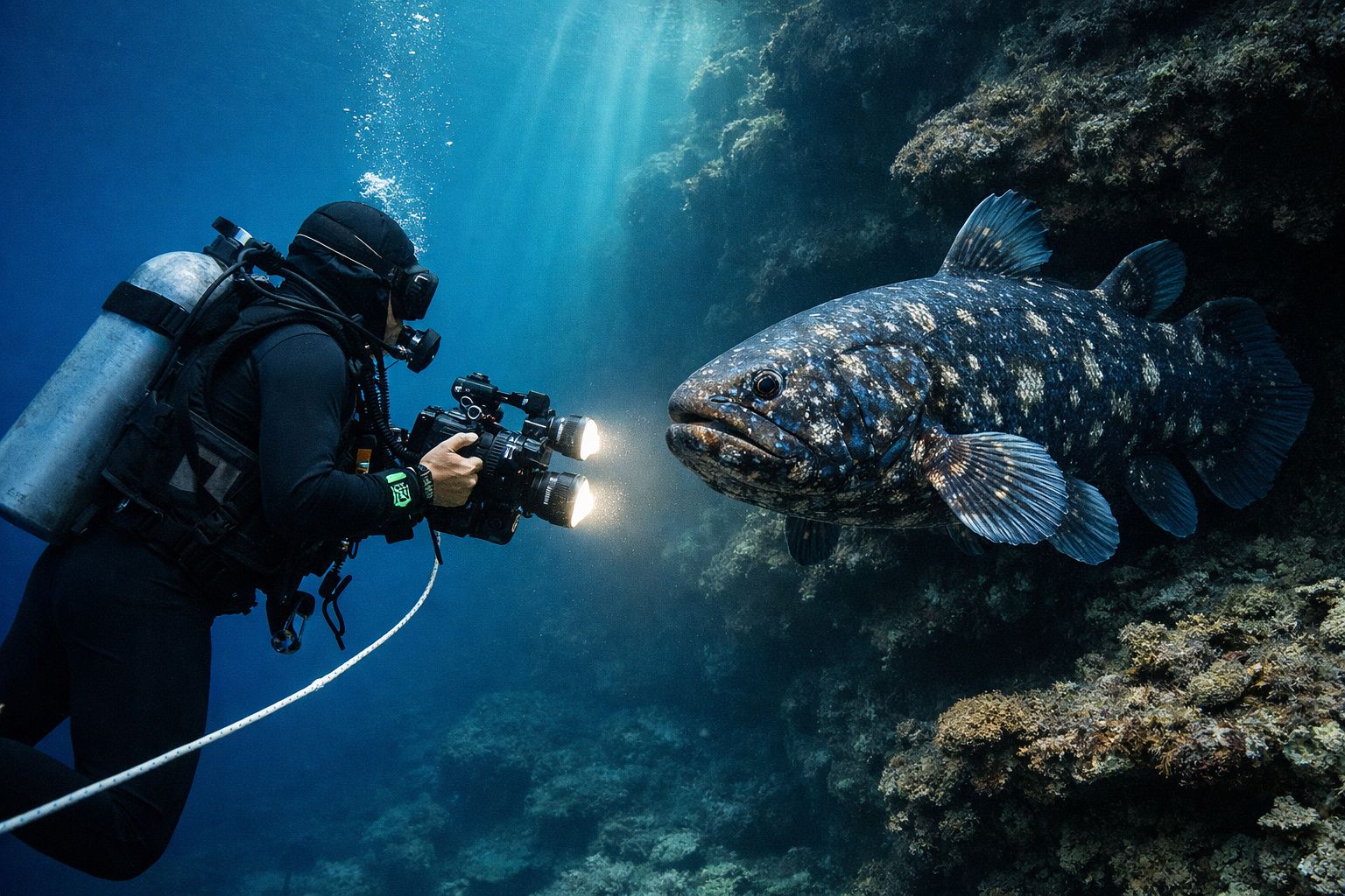 Mergulhador com câmara subaquática a filmar um peixe grande junto a rochas no oceano.