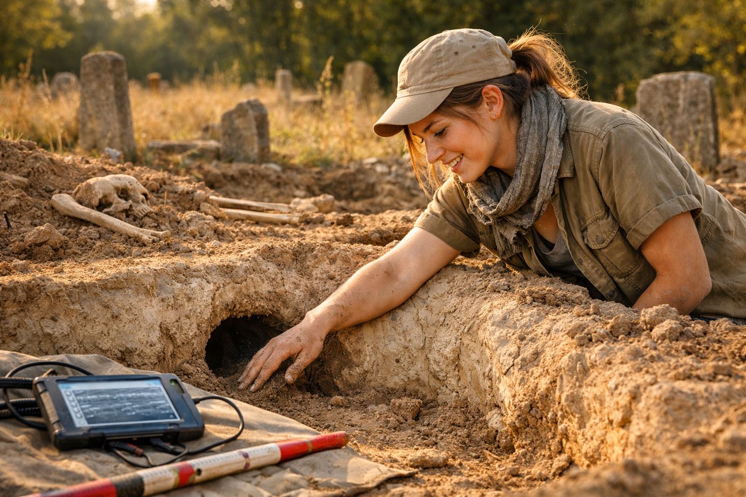 Mulher arqueóloga escava túmulo antigo, sorrindo, com restos ósseos e equipamento eletrónico ao lado.