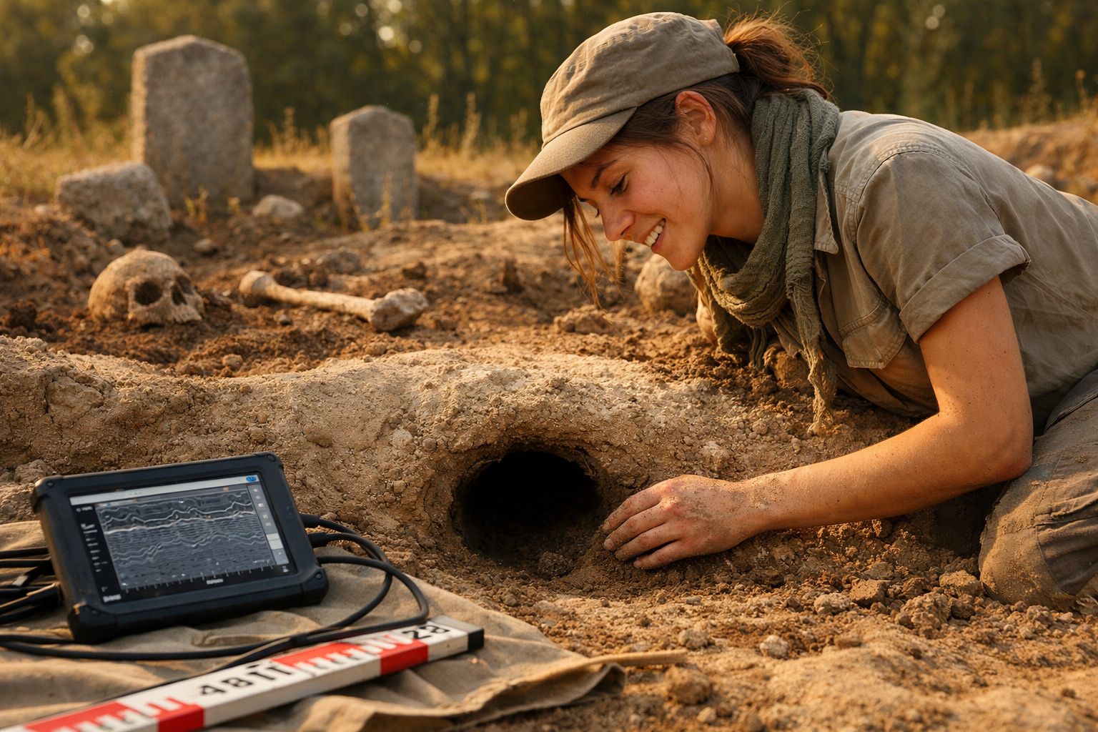 Mulher arqueóloga a examinar buraco no solo com equipamento de escavação e crânio ao fundo.