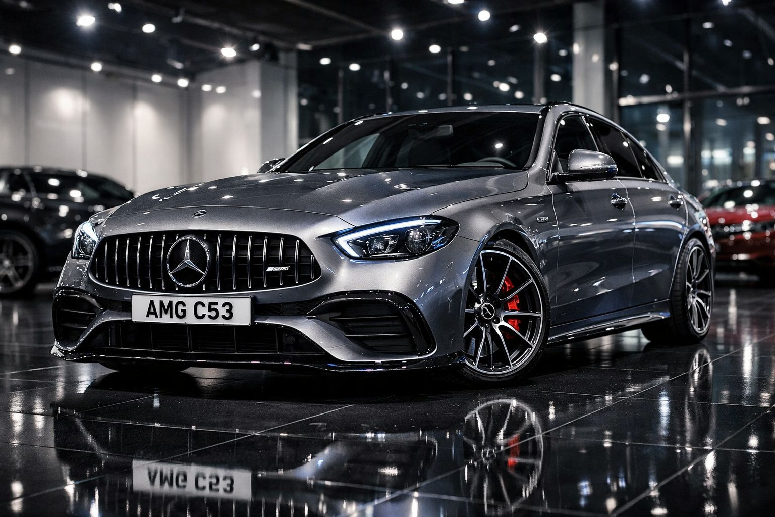Mercedes-Benz AMG C53 cinza estacionado em piso brilhante, com faróis LED ligados, em ambiente interior.