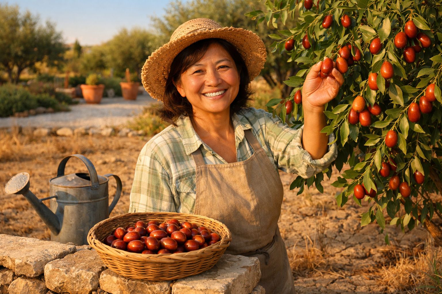 Mulher sorridente com chapéu colhendo frutos vermelhos em árvore, com cesto cheio ao lado e regador.