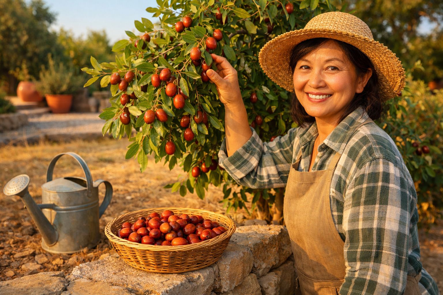 Mulher sorridente com chapéu colhe frutos vermelhos de árvore ao lado de cesta cheia no campo ao pôr do sol.