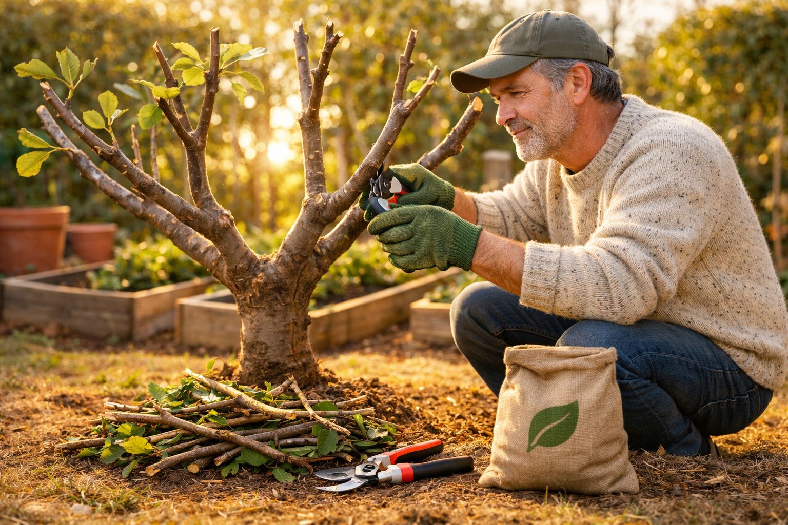 Homem a podar árvore num jardim ao final da tarde, com ferramentas e saco ao lado.
