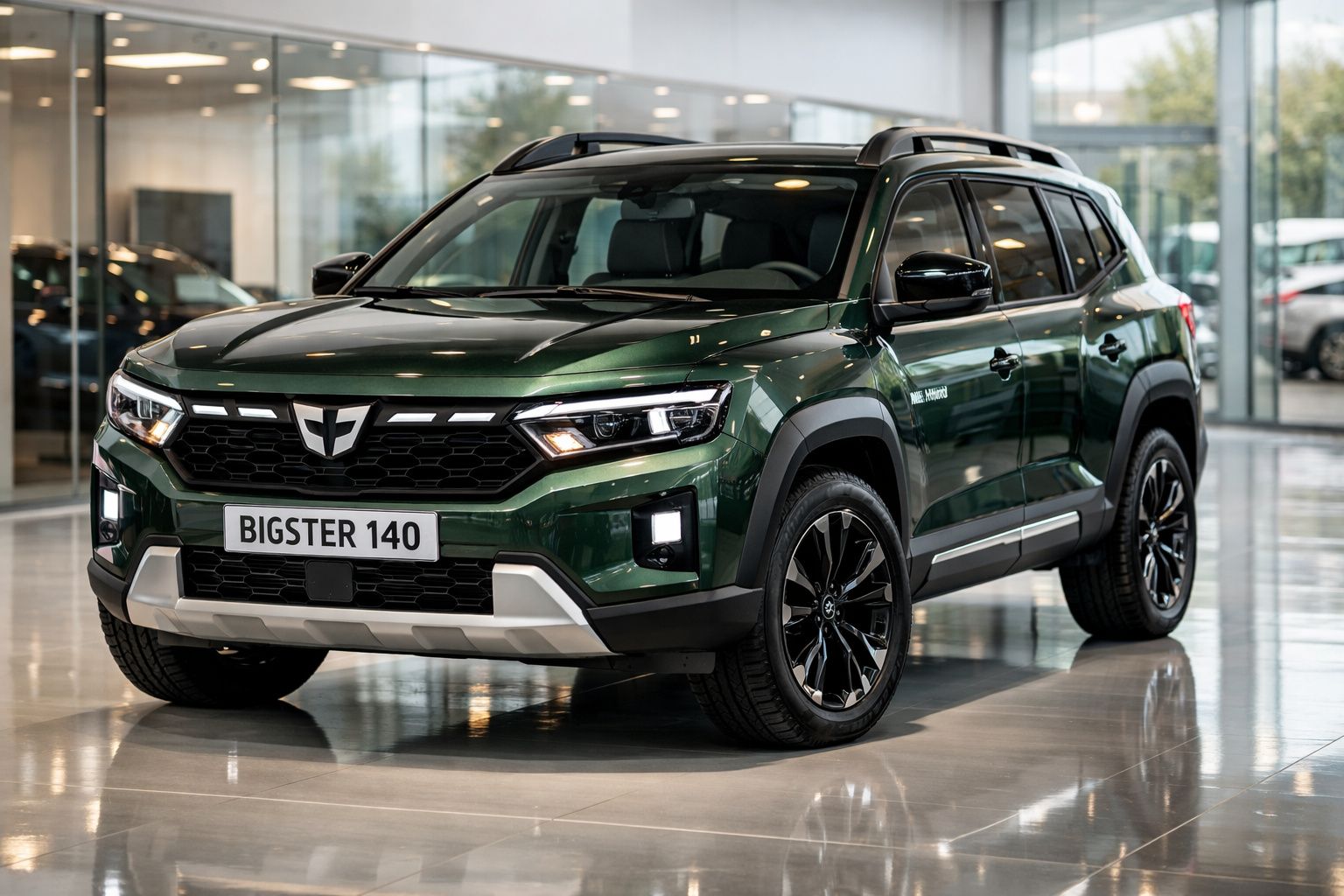 Carro SUV verde metálico estacionado em showroom moderno com iluminação interior e vidros amplos.
