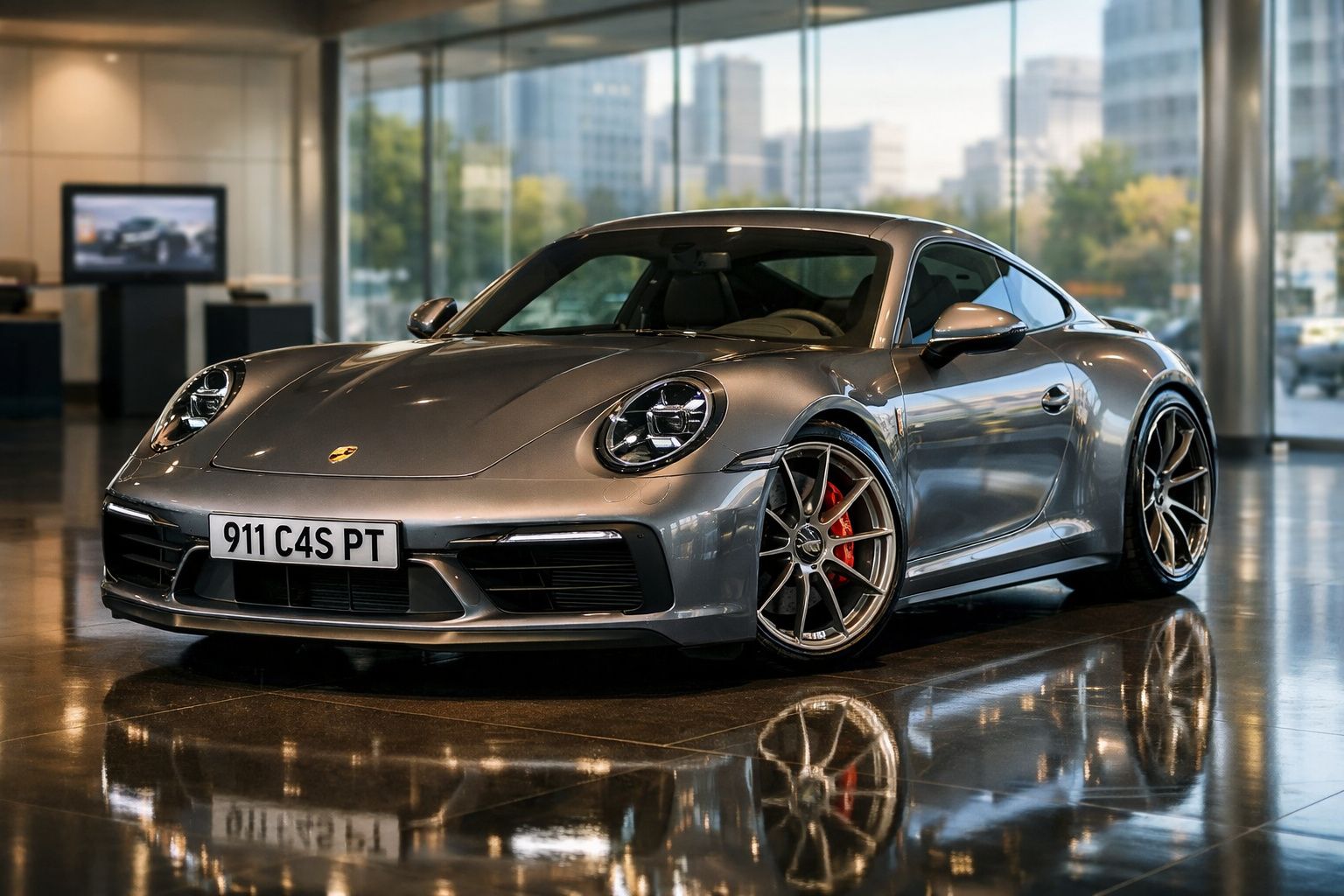 Carro desportivo Porsche 911 gris estacionado em piso brilhante dentro de um edifício moderno com grandes janelas.