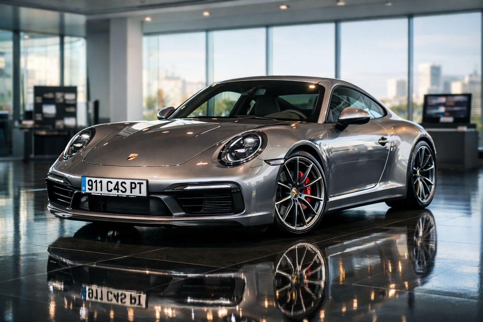 Carro desportivo Porsche 911 prata estacionado num showroom com chão refletor e janelas amplas.