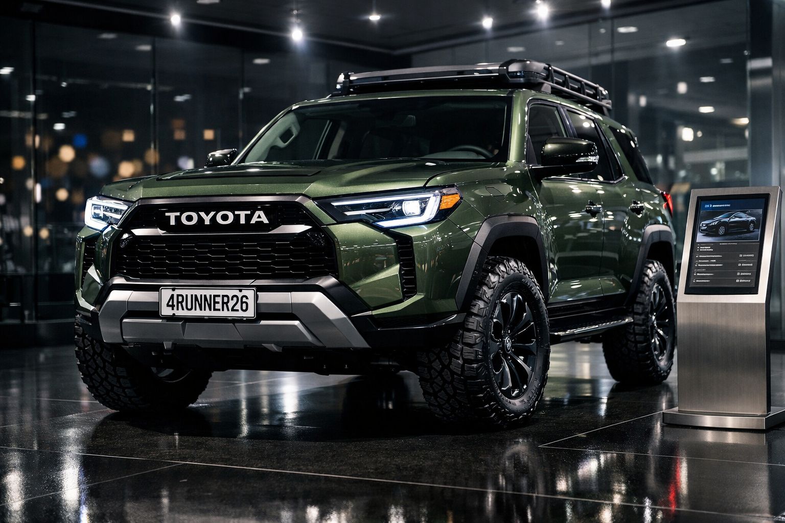 Carro Toyota 4Runner verde, estilo SUV robusto, estacionado em espaço interior moderno e iluminado.