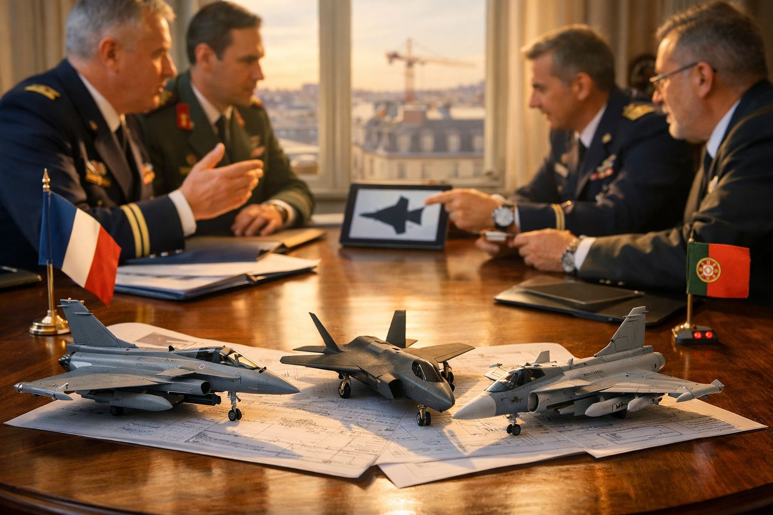 Quatro militares discutem estratégias com modelos de aviões de combate e mapas numa mesa com bandeiras de França e Portugal.