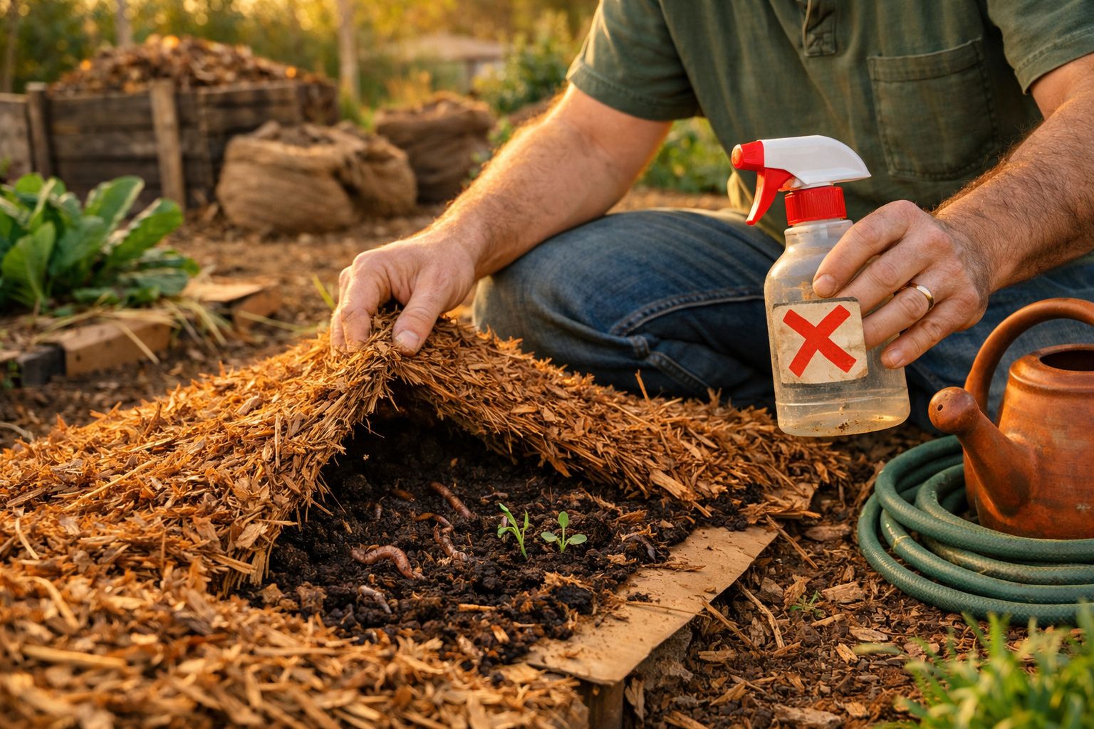 Pessoa a criar cobertura de palha para planta jovem num jardim, segurando pulverizador com símbolo X vermelho.