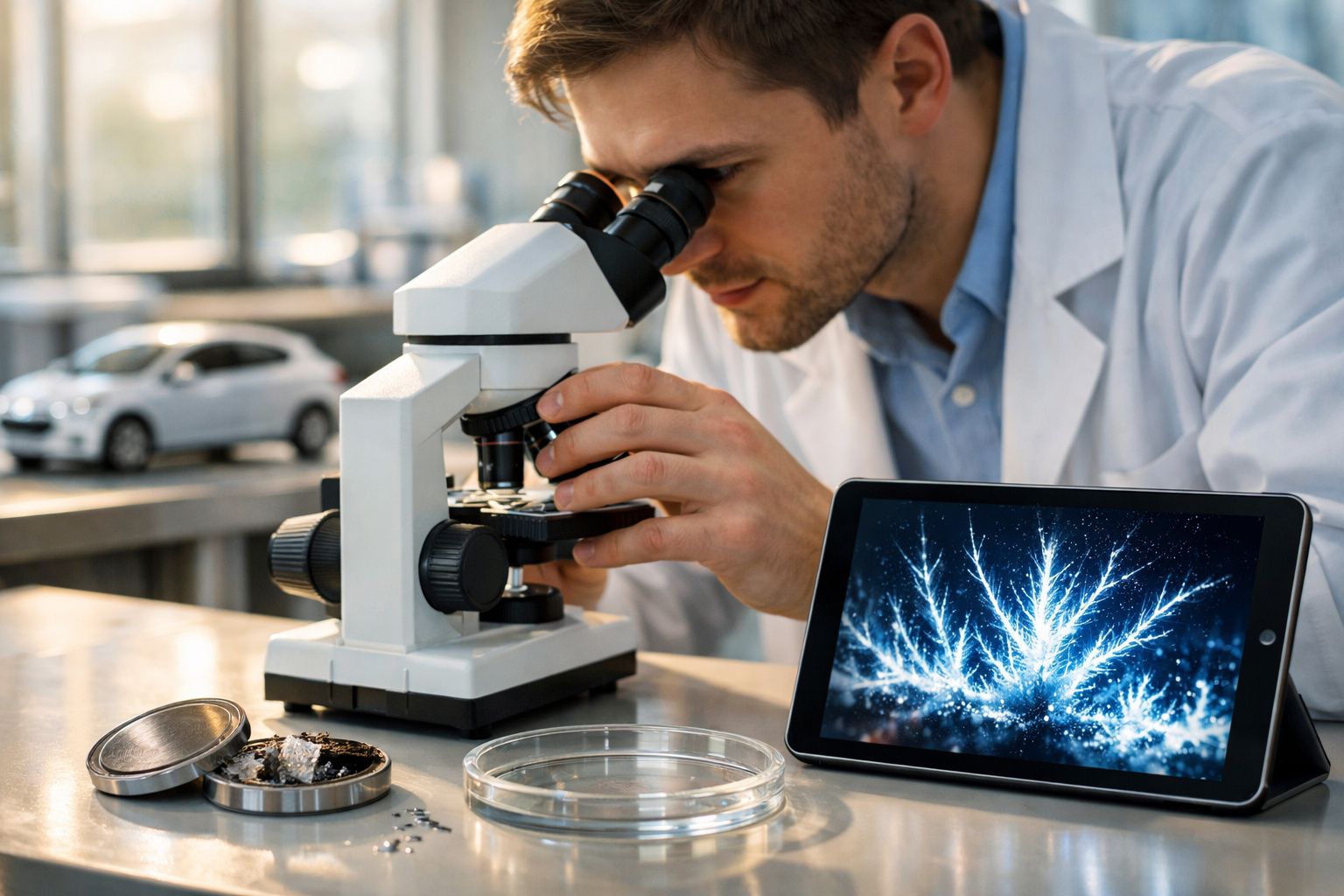 Homem em bata branca observa amostra ao microscópio com imagem digital de cristais exibida num tablet.
