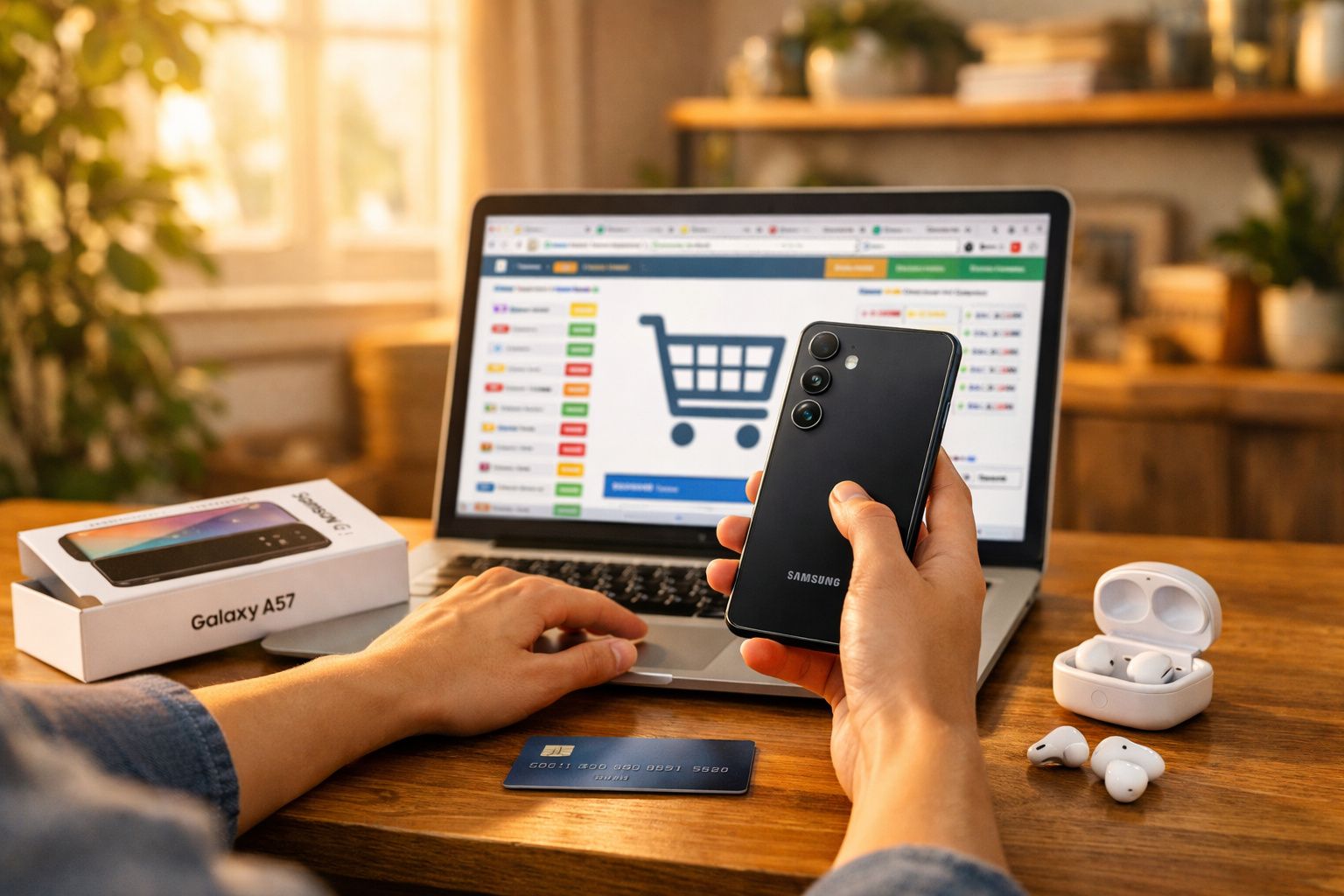Pessoa a segurar telemóvel Samsung Galaxy A57 com computador e cartão de crédito para compras online.