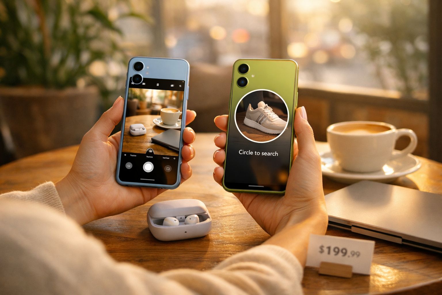 Pessoa a segurar dois smartphones, um com câmera a focar café e outro com pesquisa visual de um ténis.