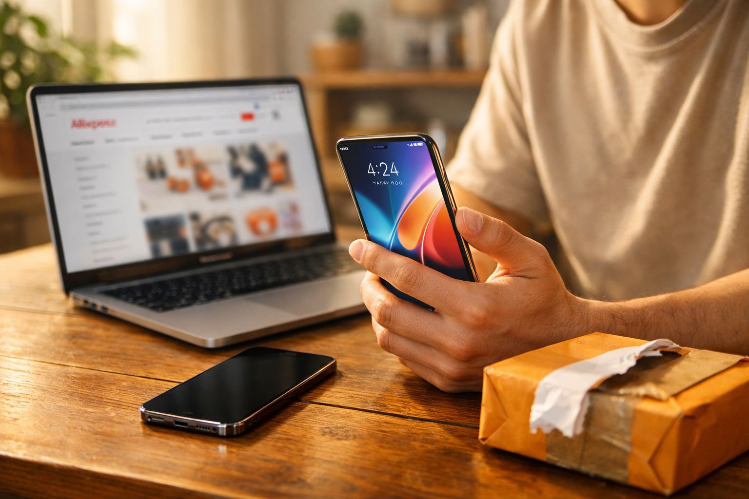 Pessoa a usar telemóvel com computador portátil e encomenda numa mesa de madeira.