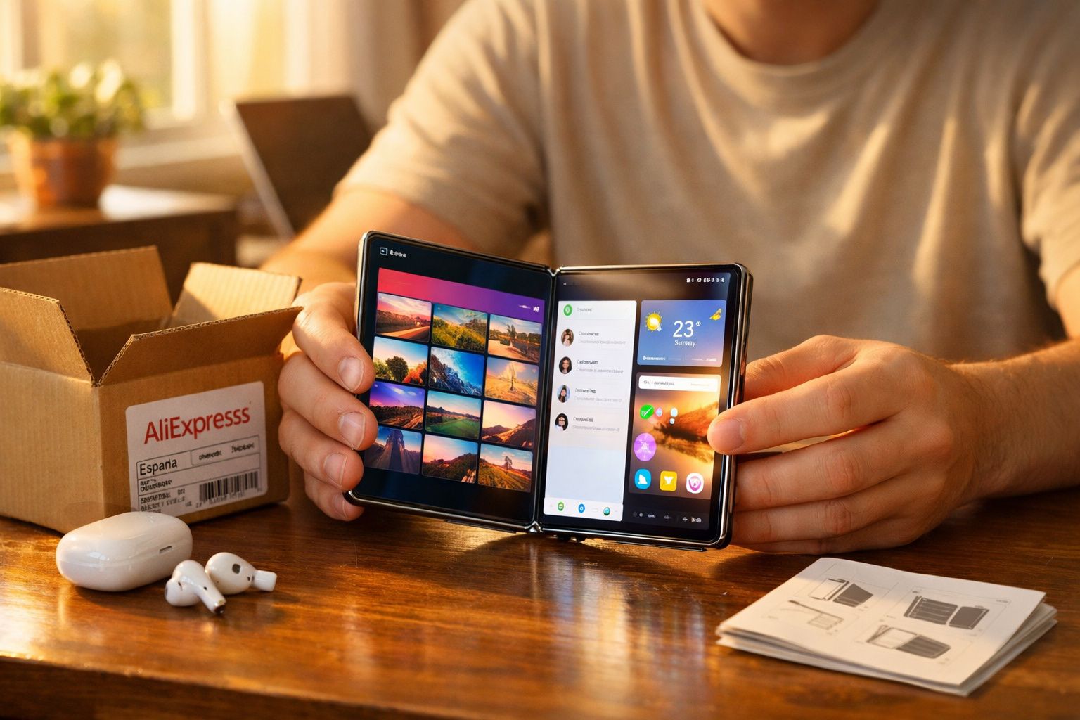 Pessoa a mostrar smartphone dobrável com ecrã duplo sobre mesa com auriculares e caixa AliExpress.
