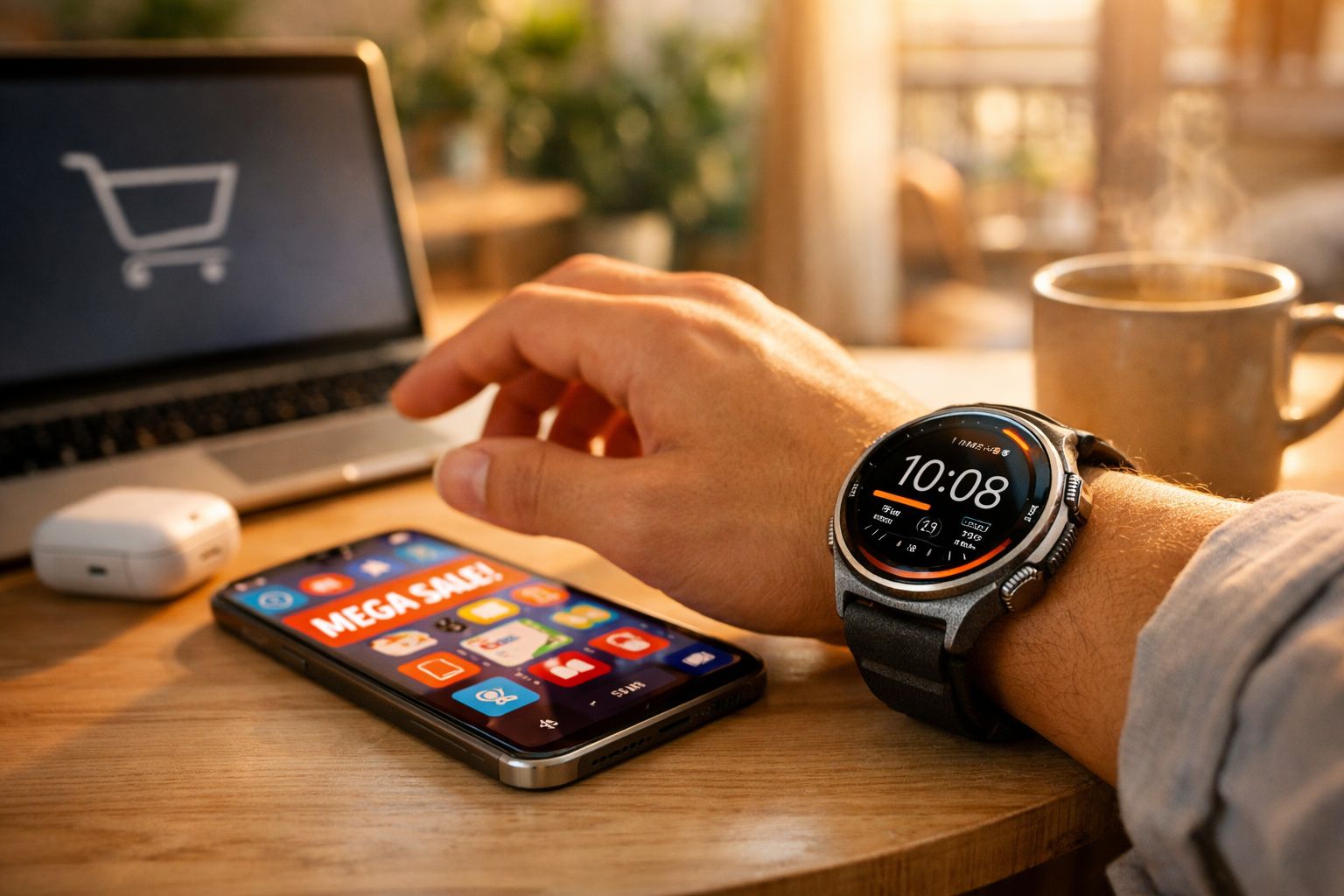 Pessoa com relógio inteligente usa telemóvel com ecrã a mostrar promoção Mega Sale numa mesa com portátil e chávena.