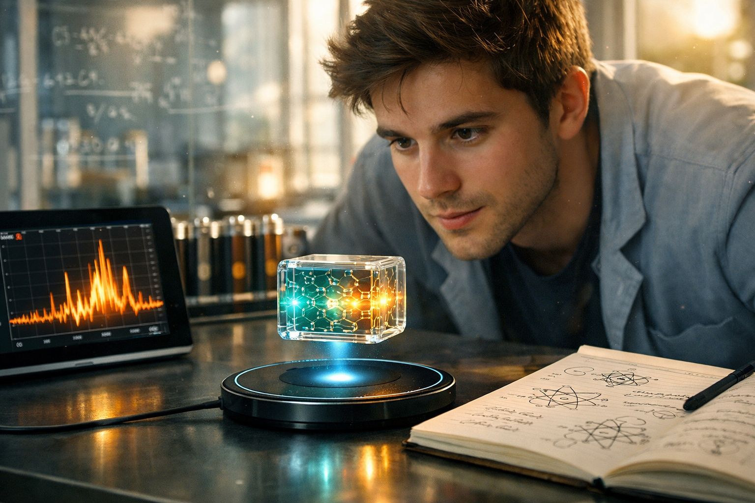 Homem jovem a observar tecnologia holográfica com moléculas numa mesa de laboratório científico.