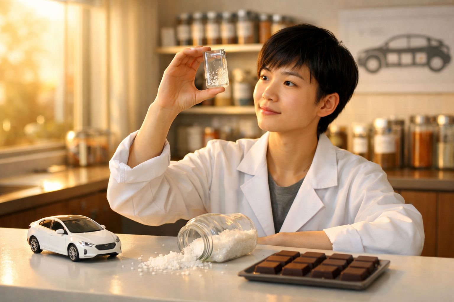Pessoa com bata azul segura copo com líquido transparente, com miniatura de carro, cristais e chocolates numa mesa.