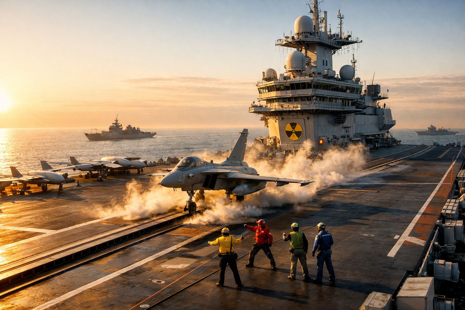 Avião militar a descolar de porta-aviões ao pôr do sol com equipe de apoio no convés.