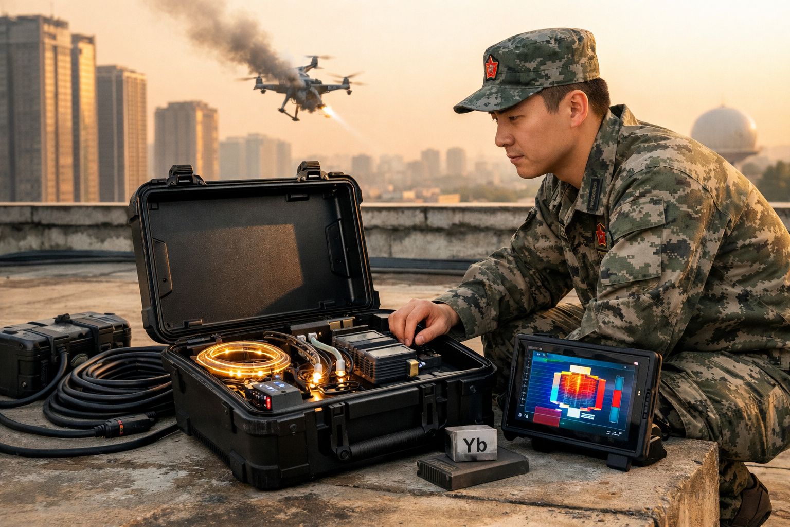 Soldado militar chinês a operar equipamento tecnológico num telhado, com drone a disparar ao fundo.