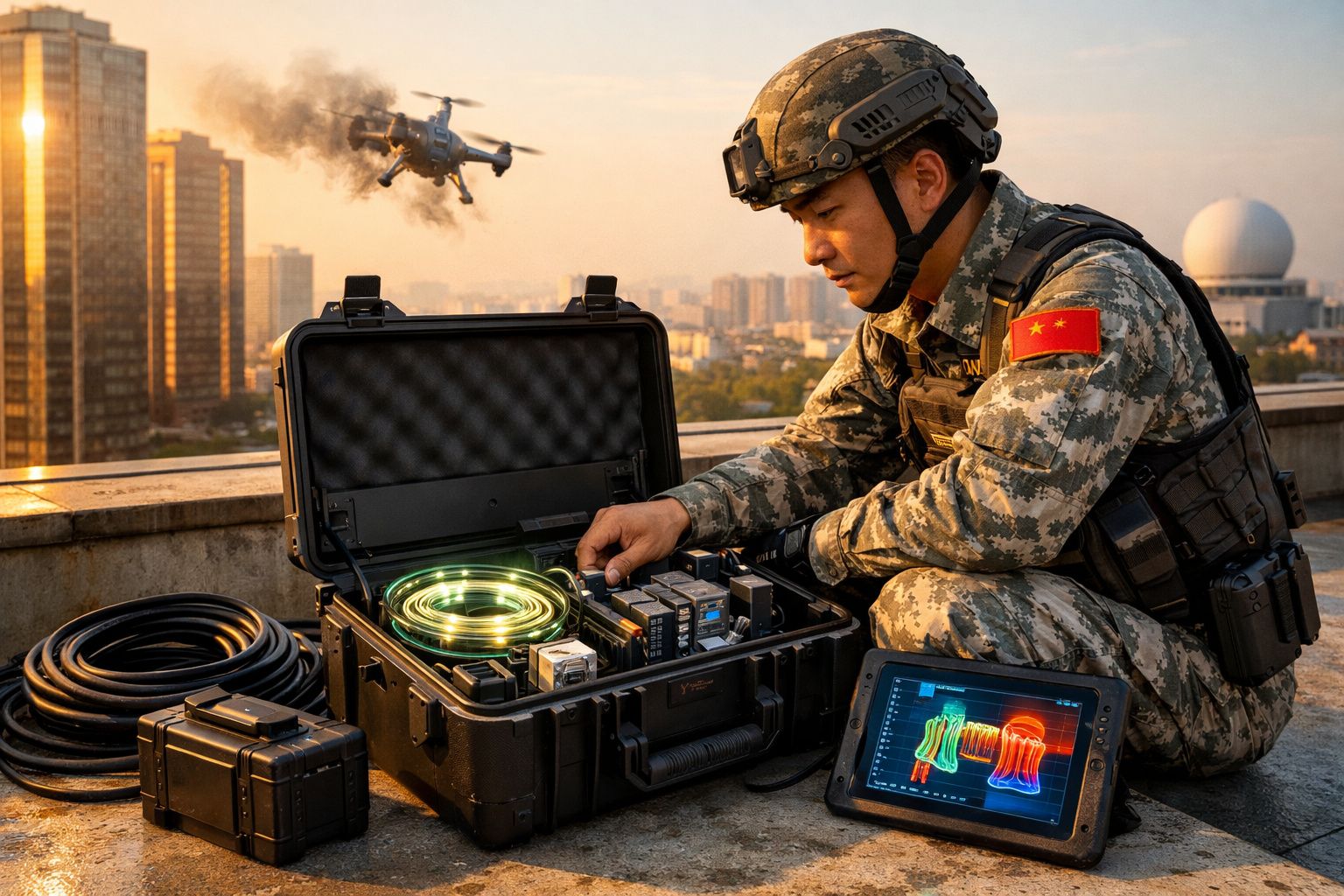 Soldado chinês a operar equipamento tecnológico com drone e tablet numa azoteia urbana ao pôr do sol.