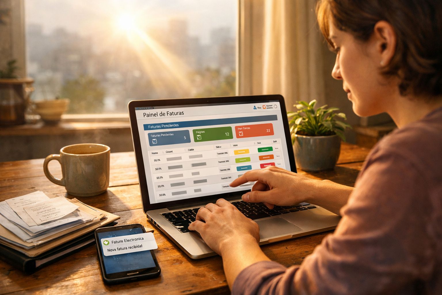 Pessoa a consultar painel de faturas pendentes num computador portátil num ambiente de trabalho doméstico.