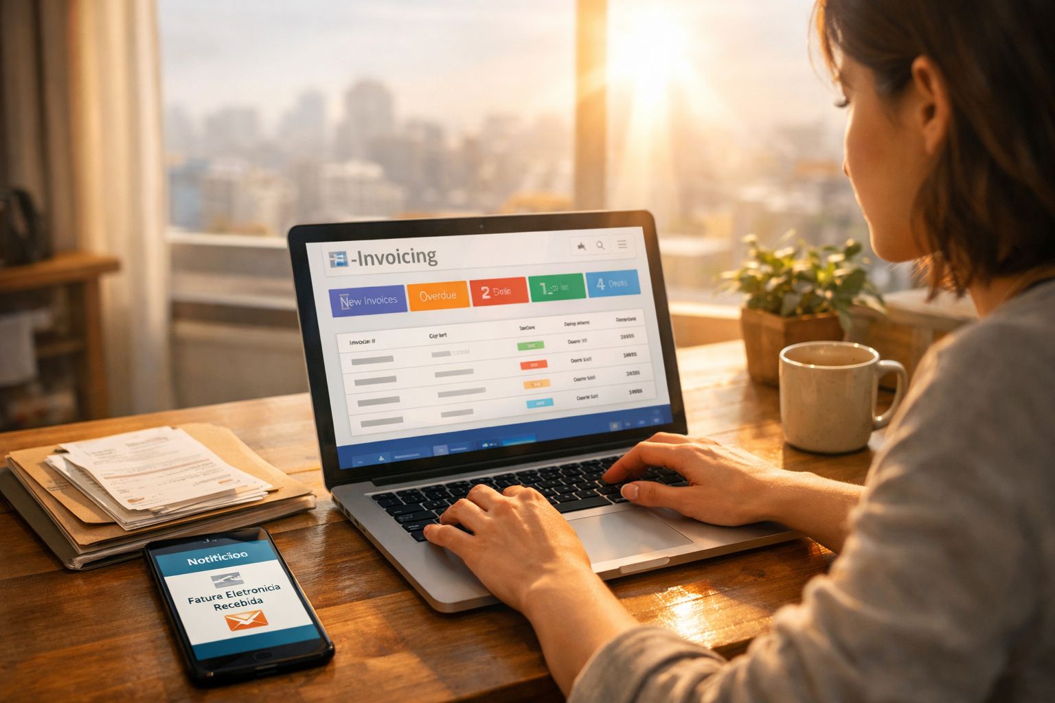 Pessoa a trabalhar num computador portátil com software de faturação e telemóvel com notificação de fatura eletrónica.