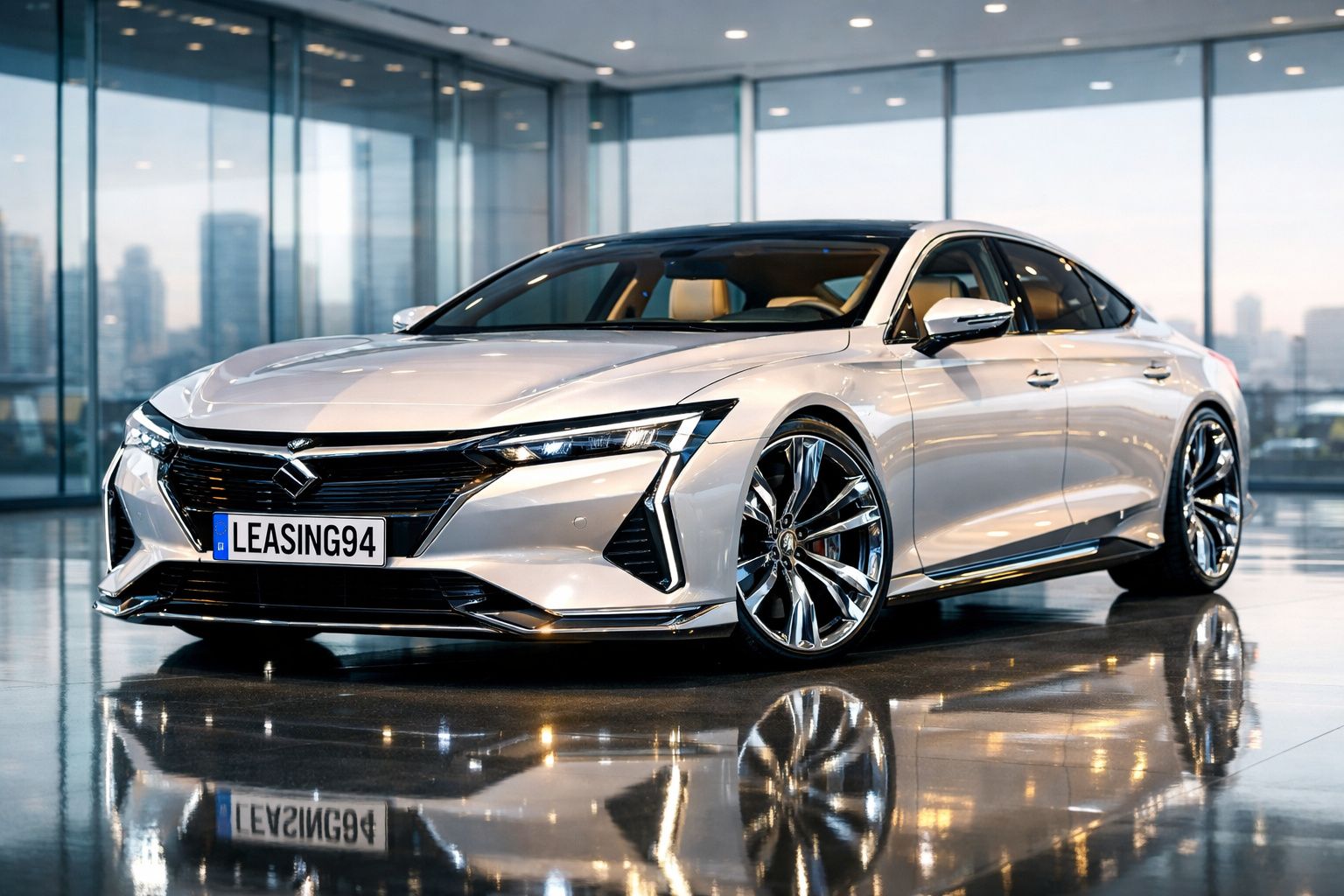 Carro desportivo prateado estacionado em piso brilhante numa garagem com paredes envidraçadas.