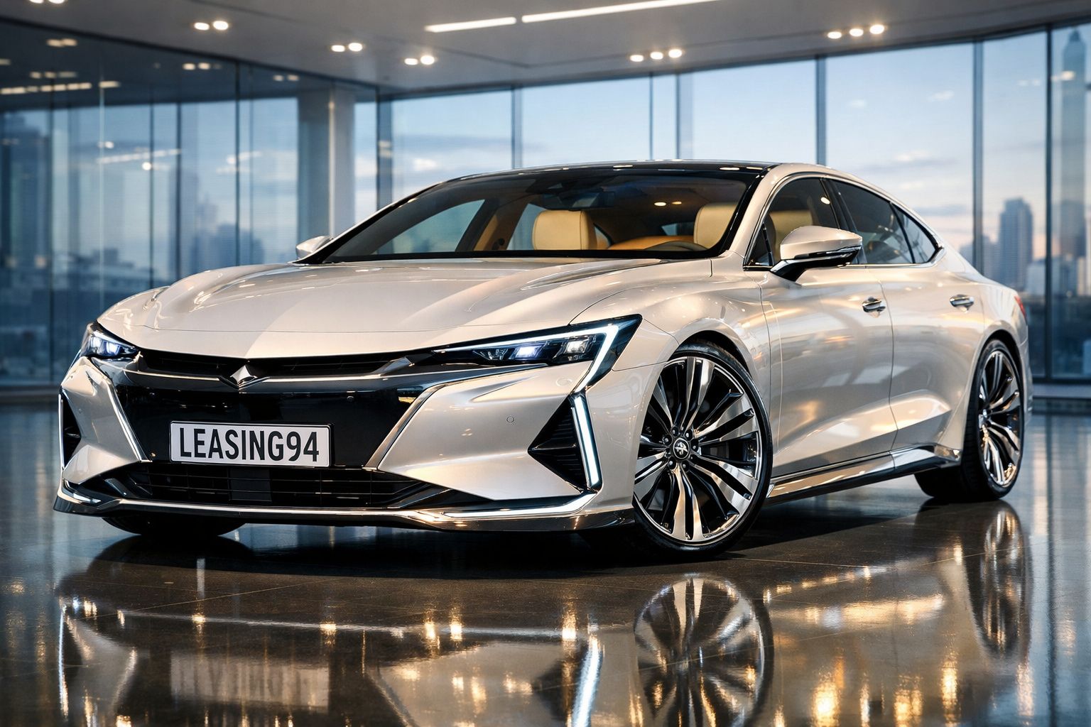 Carro desportivo branco estacionado em piso brilhante, com faróis LED e janelas de vidro ao fundo.