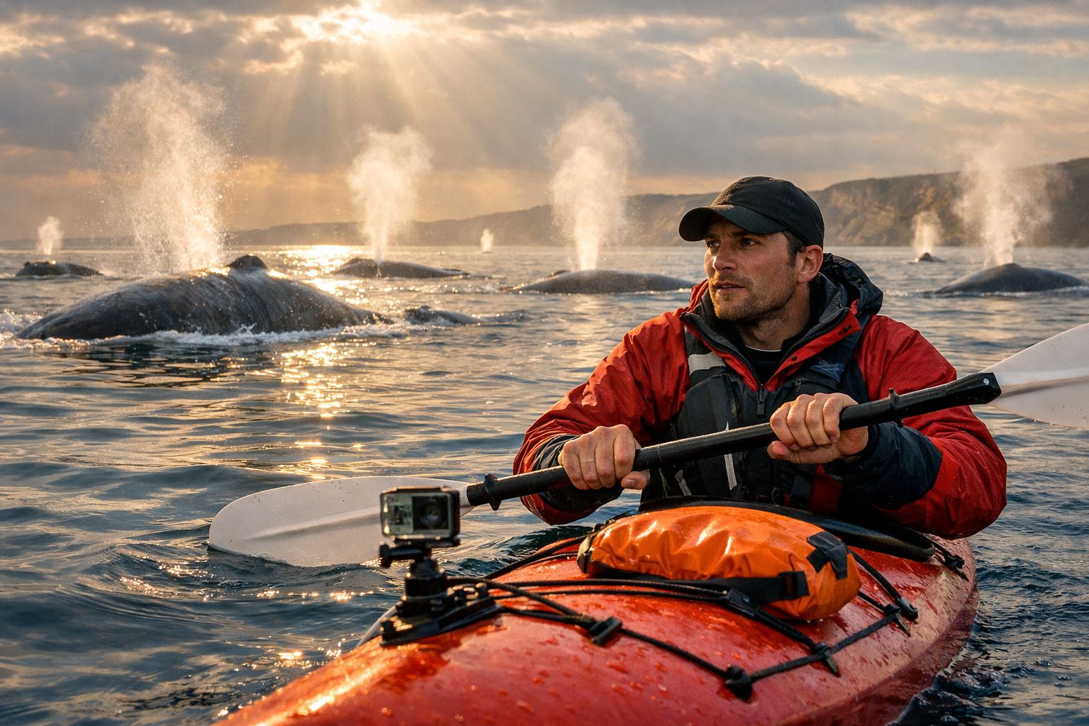 Homem em caiaque vermelho observa várias baleias a expelir água numa tranquilidade ao pôr do sol.