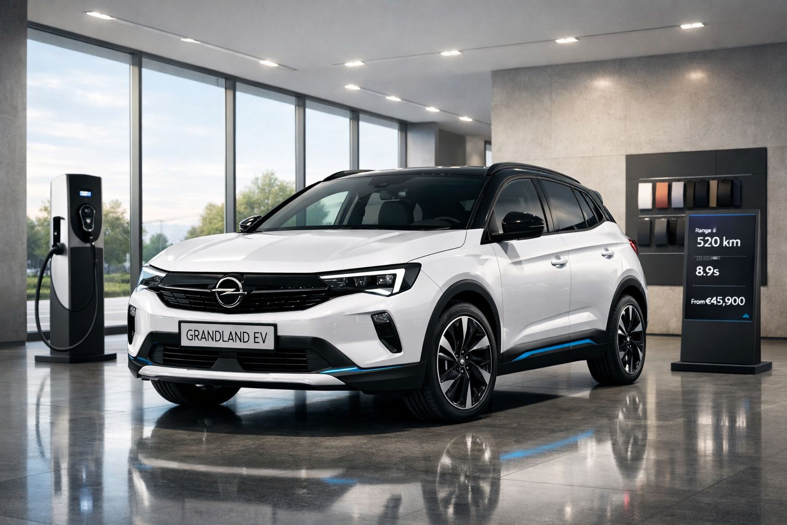 Carro elétrico Opel Grandland EV branco em exposição com posto de carregamento e informação técnica ao lado.