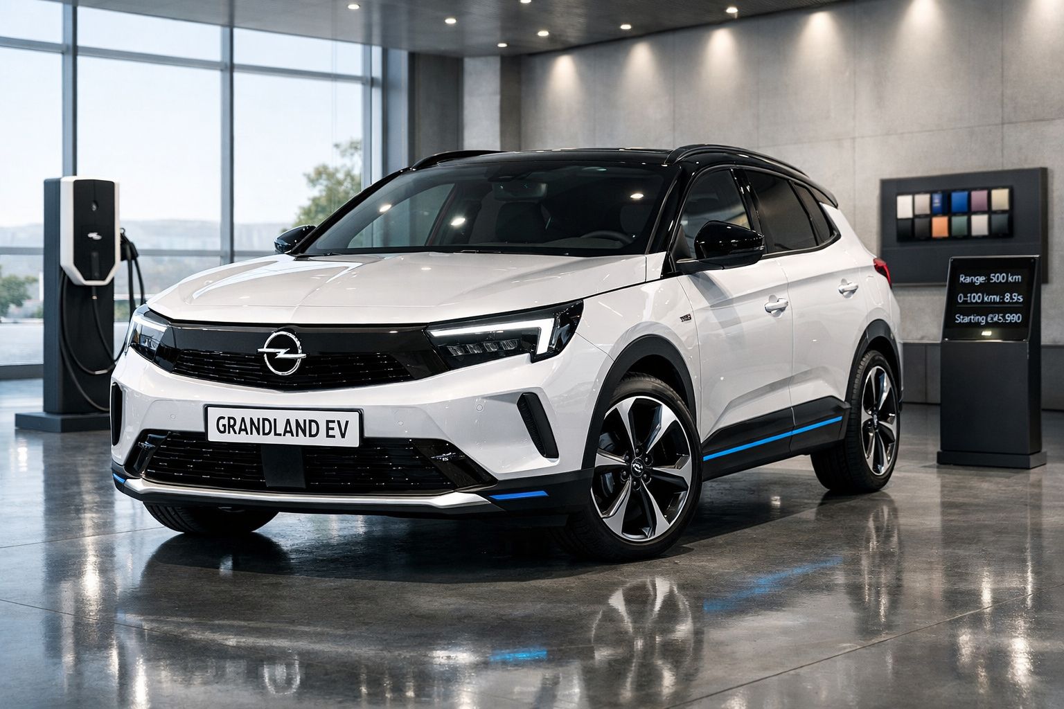 Carro elétrico Opel Grandland EV branco estacionado em showroom moderno com posto de carregamento ao fundo.