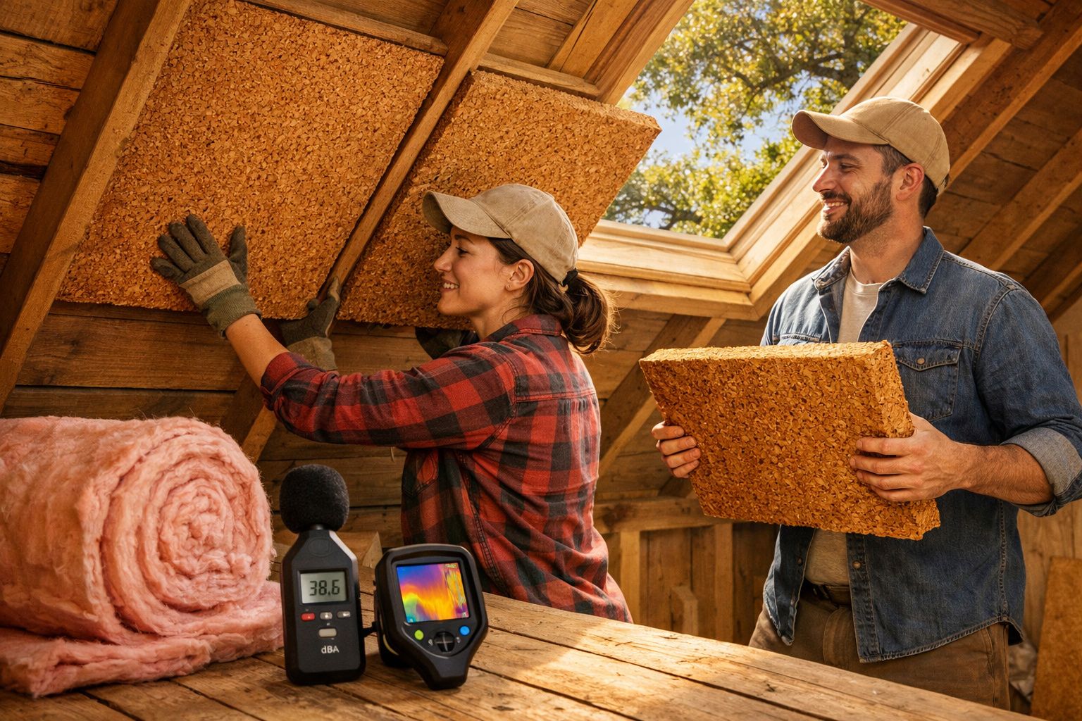 Casal a instalar placas isolantes numa sótão com equipamentos de medição térmica e acústica na mesa.