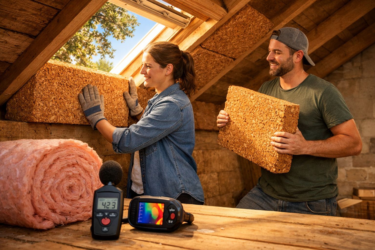 Casal instala material isolante numa sótão com instrumentos de medição na mesa de madeira.