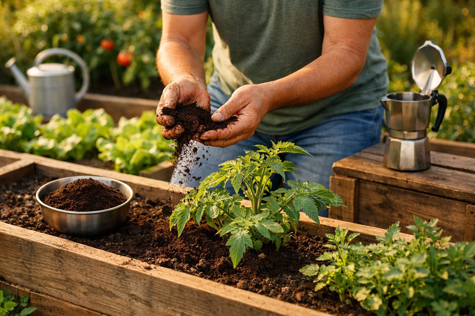 Pessoa adiciona terra a planta de tomateiro num canteiro de madeira num jardim ao ar livre.