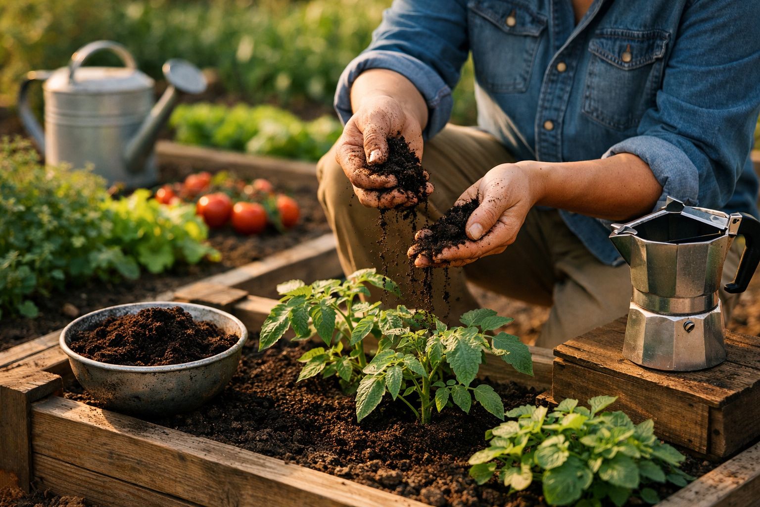 Pessoa a cuidar de plantas jovens num canteiro, com terra nas mãos e legumes ao fundo.