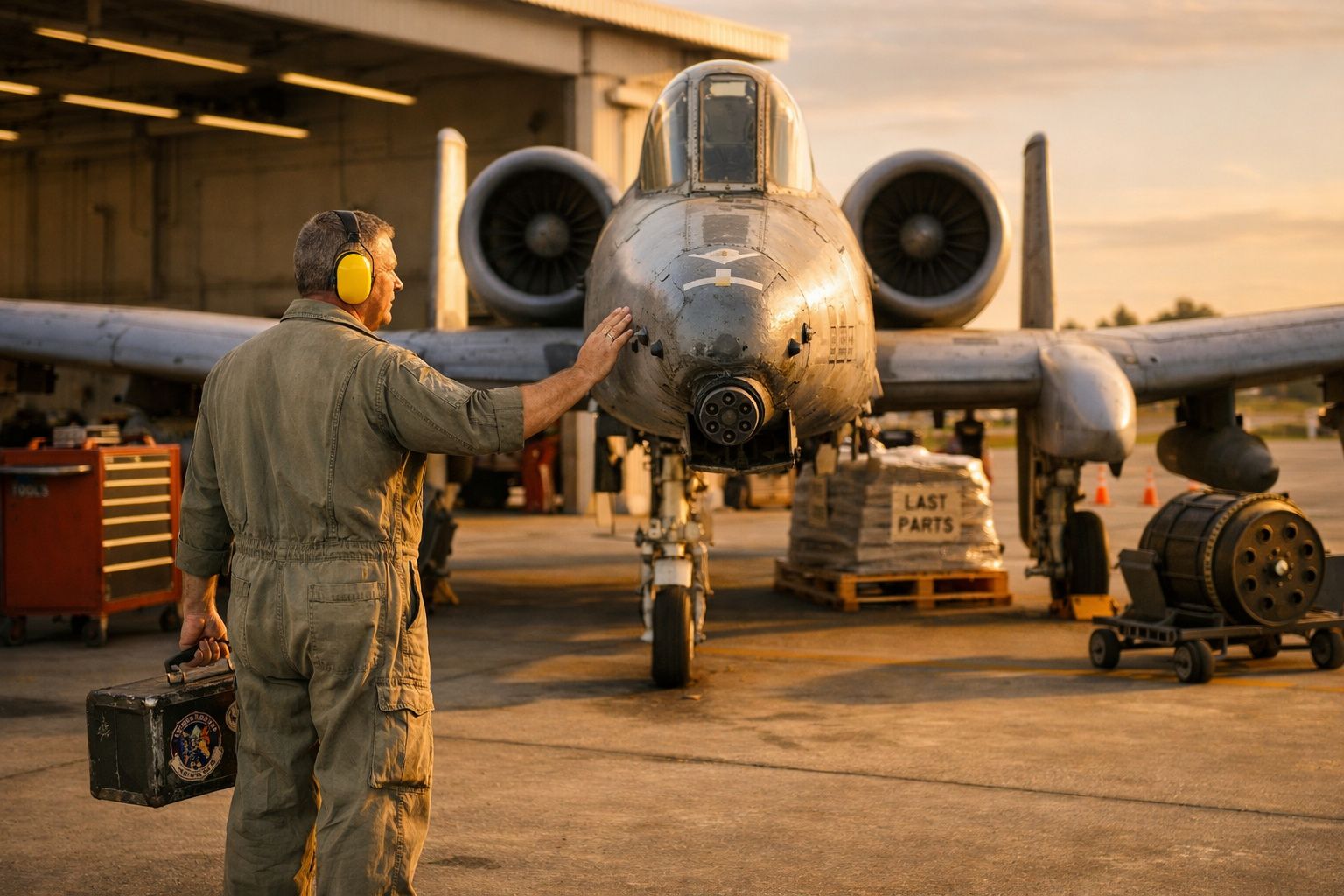Homem com protetores auriculares e fato militar verifica avião militar A-10 numa pista ao entardecer.