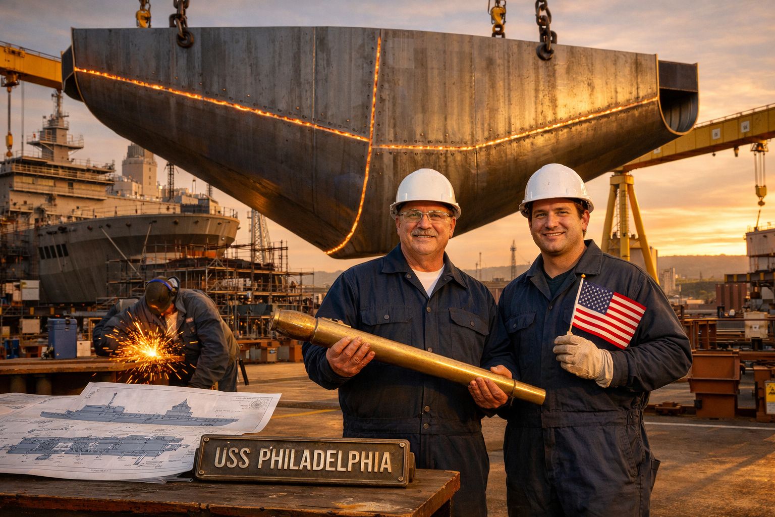 Dois operários com capacetes seguram maquete e bandeira diante de estaleiro naval ao pôr do sol.