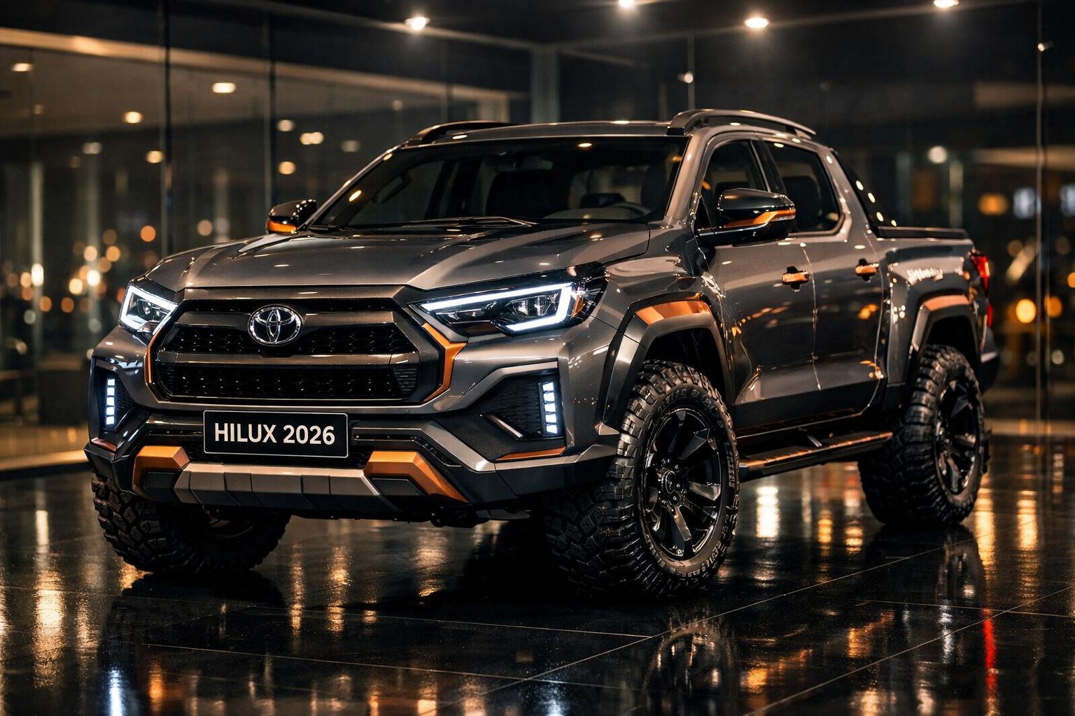 Picape Toyota Hilux 2026 cinza com detalhes laranja, vista frontal em ambiente urbano noturno.