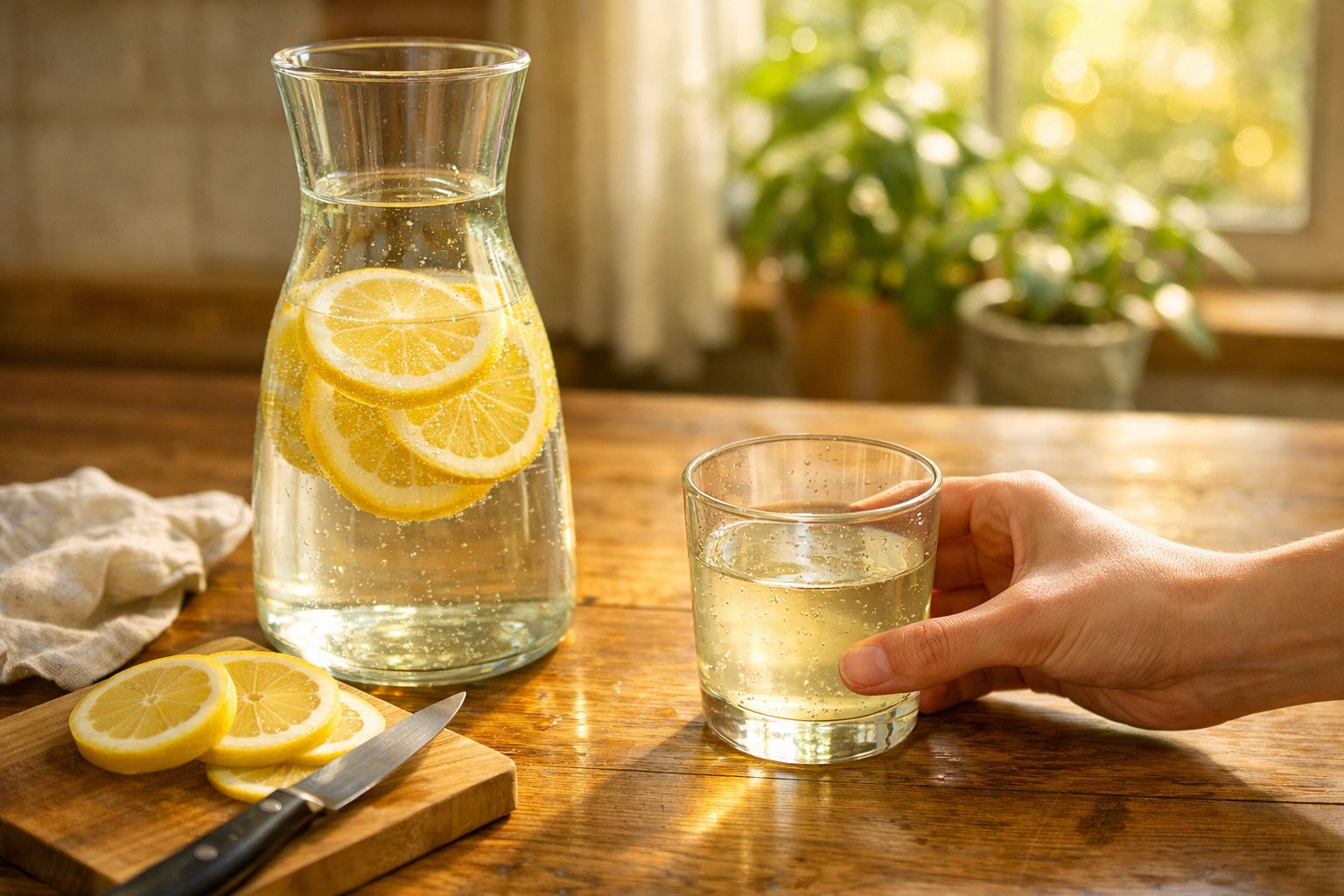 Mão a segurar copo com água e fatias de limão, jarro e limões cortados numa mesa de madeira.