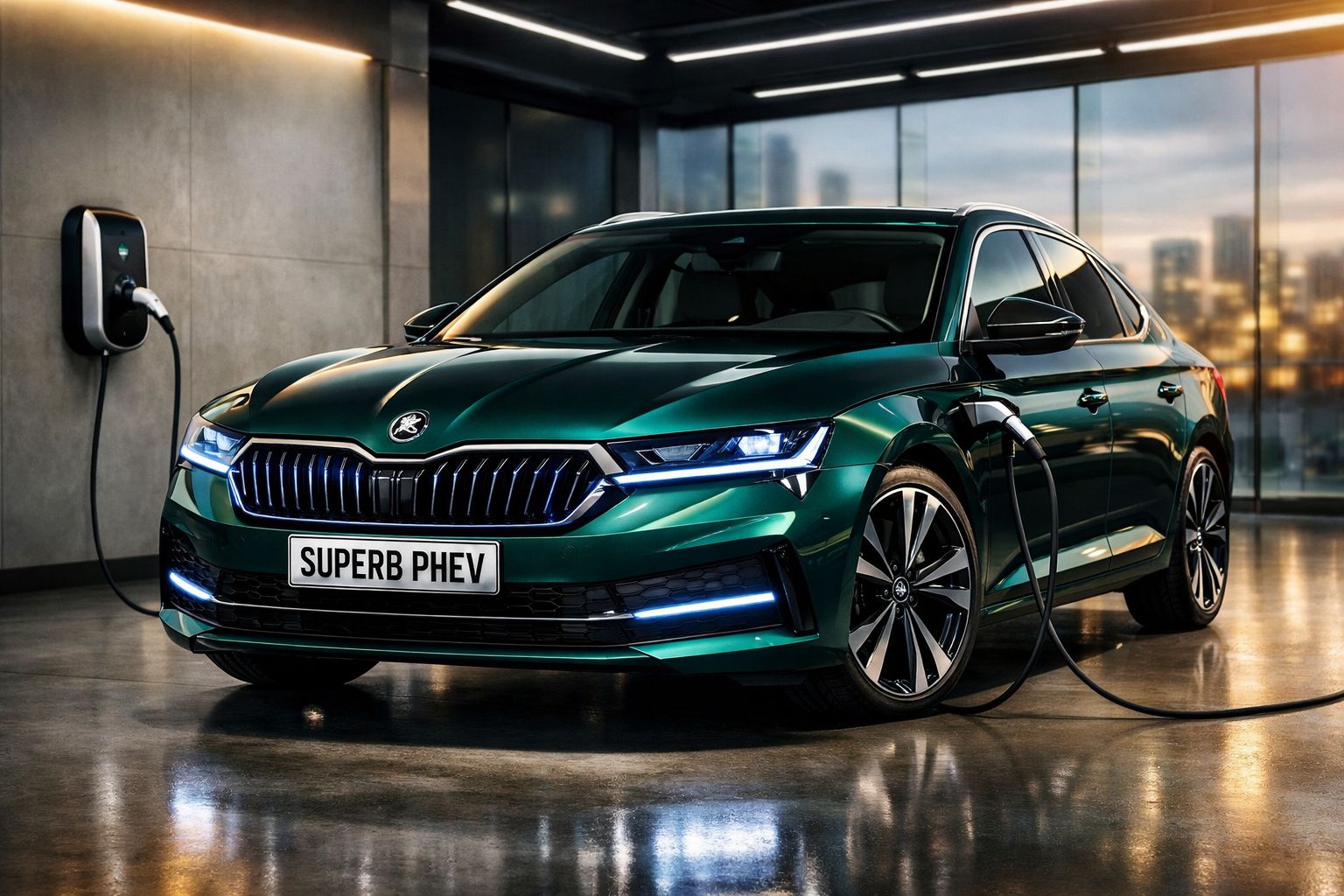 Carro elétrico verde Škoda Superb PHEV em carregamento numa garagem moderna com iluminação ambiente.