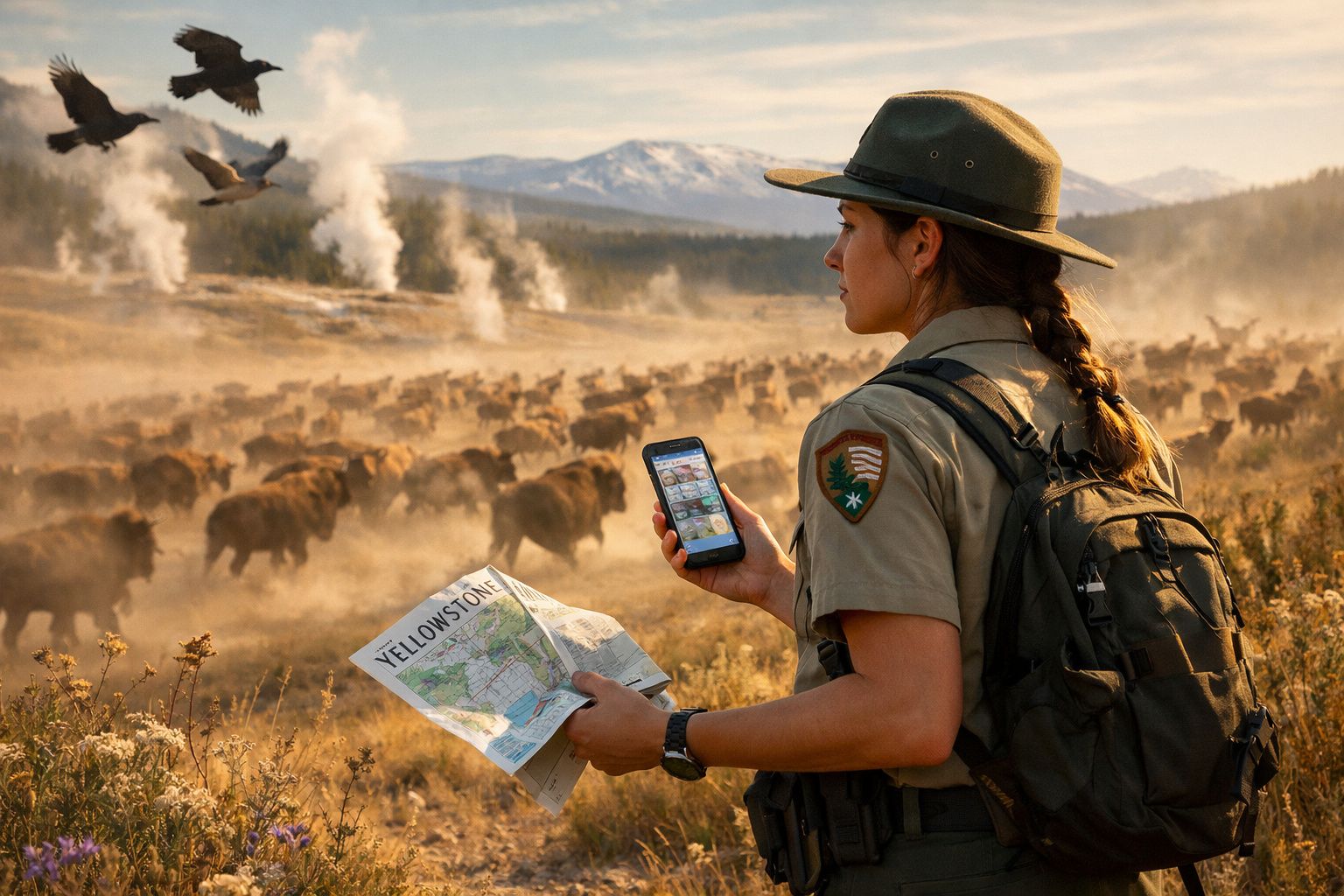 Guardadora do parque com chapéu e mochila segura mapa do Yellowstone e telemóvel, observando bisontes ao longe.