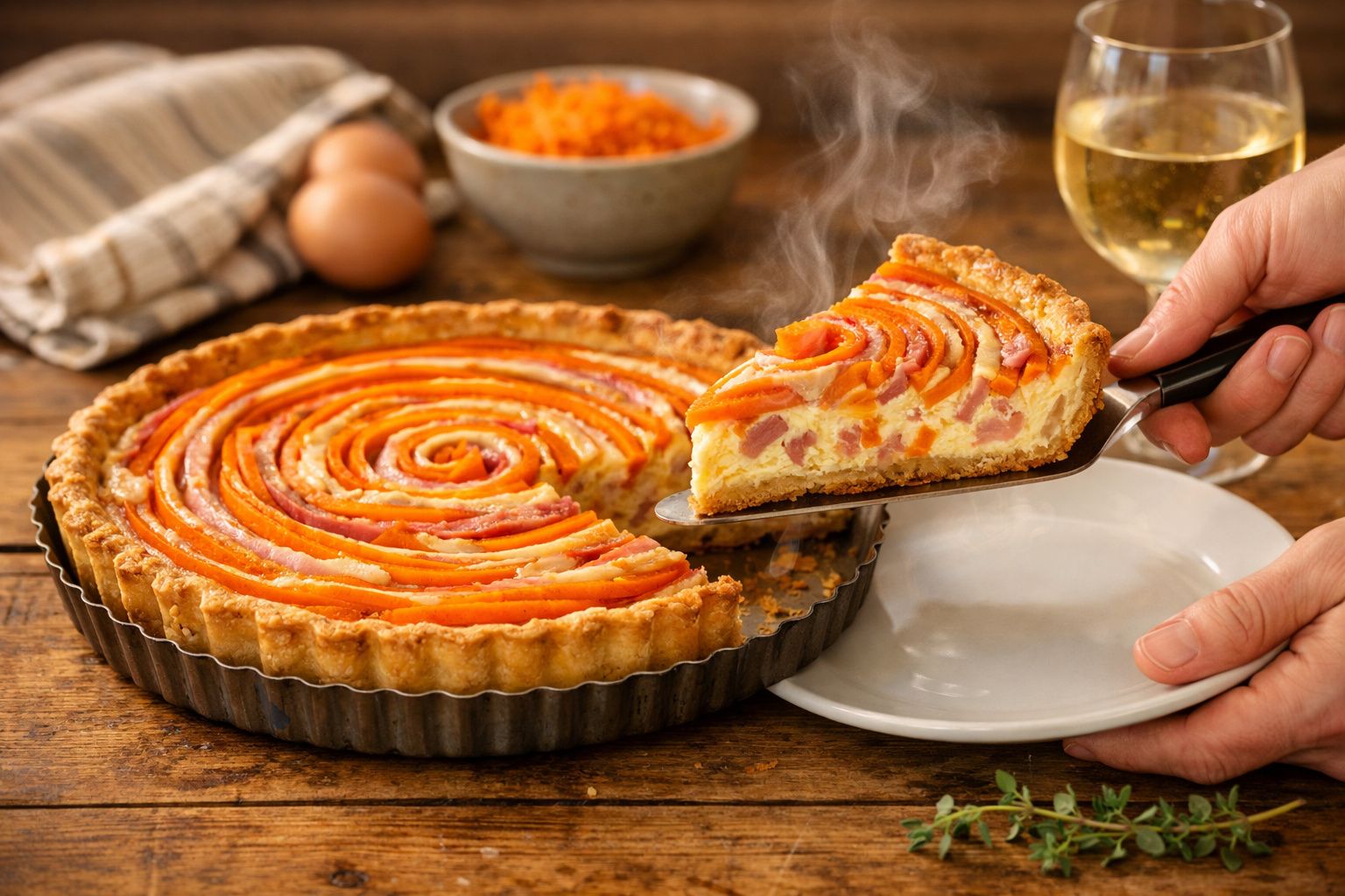 Tarte salgada com fatia de cenoura em espiral, acompanhada de vinho branco, pronta a servir.