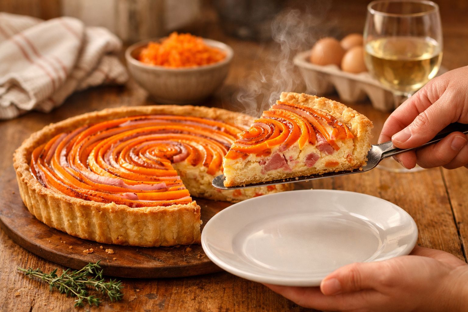 Tarte salgada fumegante com fatia a ser servida, decorada com tiras de cenoura e recheio de fiambre.