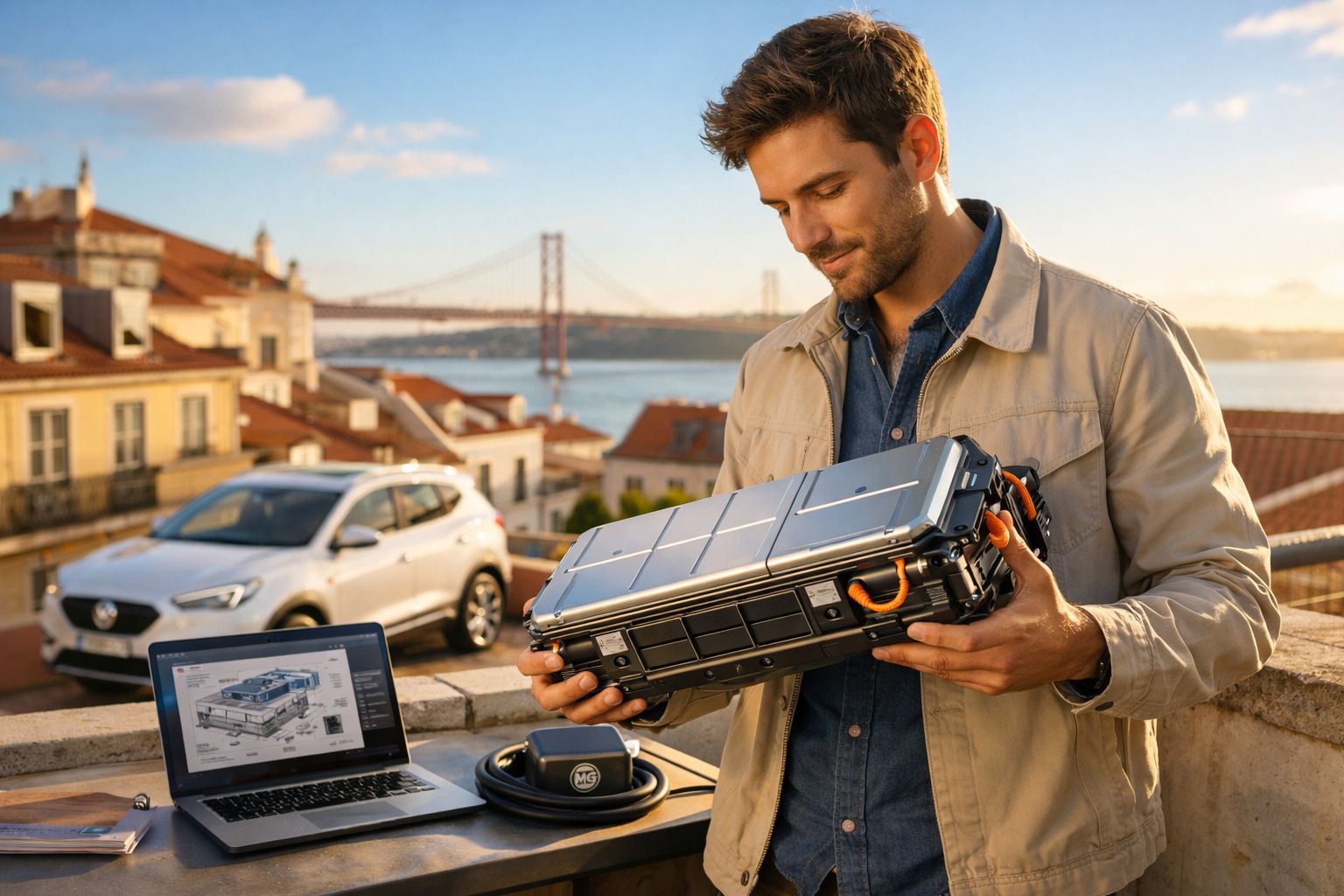 Homem segura bateria de carro elétrico junto a computador com esquema técnico e carro, com vista para ponte em Lisboa.
