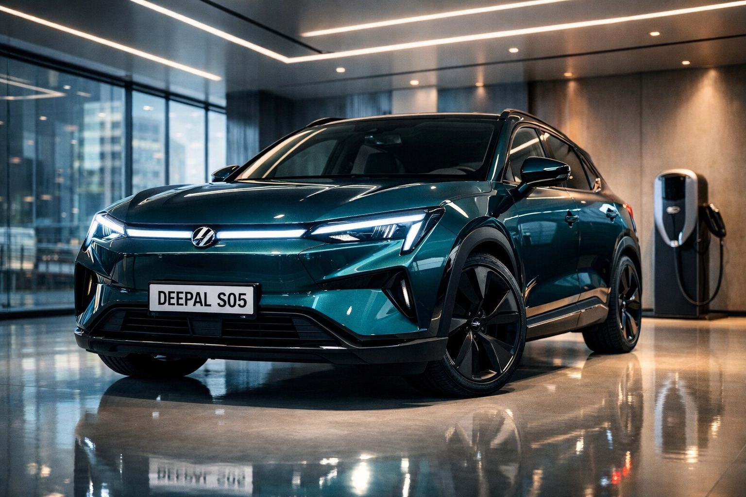 Carro elétrico verde metálico Deepal S05 estacionado num interior moderno com carregador ao fundo.