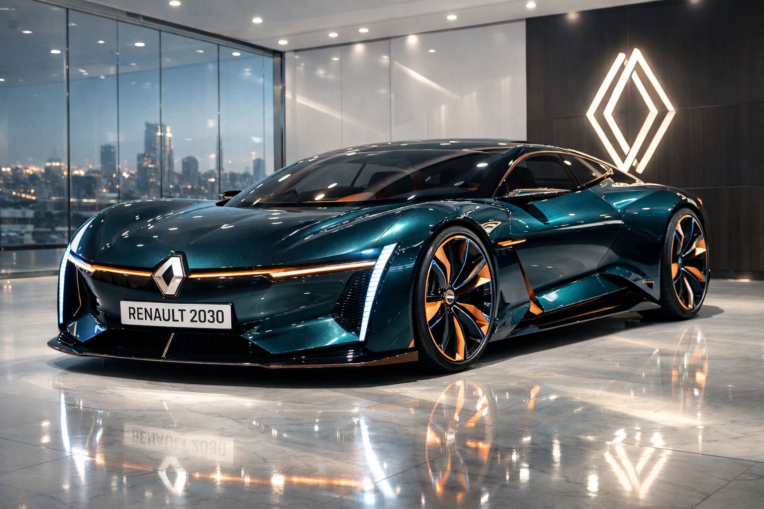 Carro desportivo elétrico Renault 2030 verde metálico em exposição num showroom moderno.