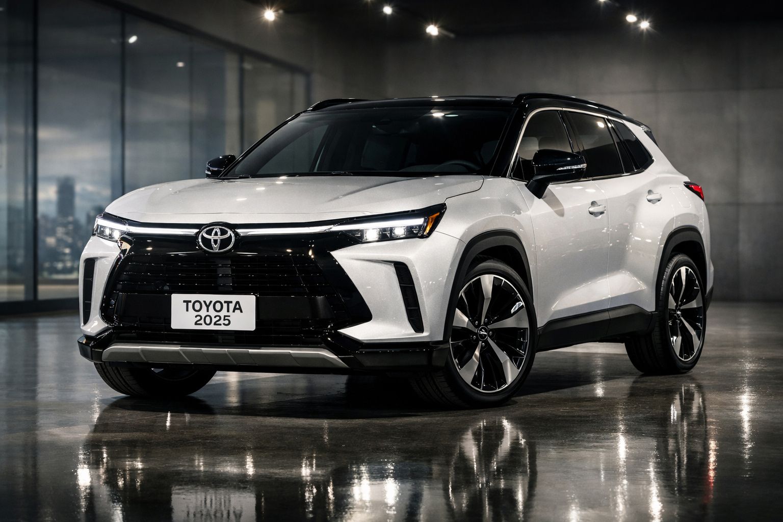 Automóvel SUV branco Toyota 2025 stationado em ambiente interior moderno com chão reflectivo.