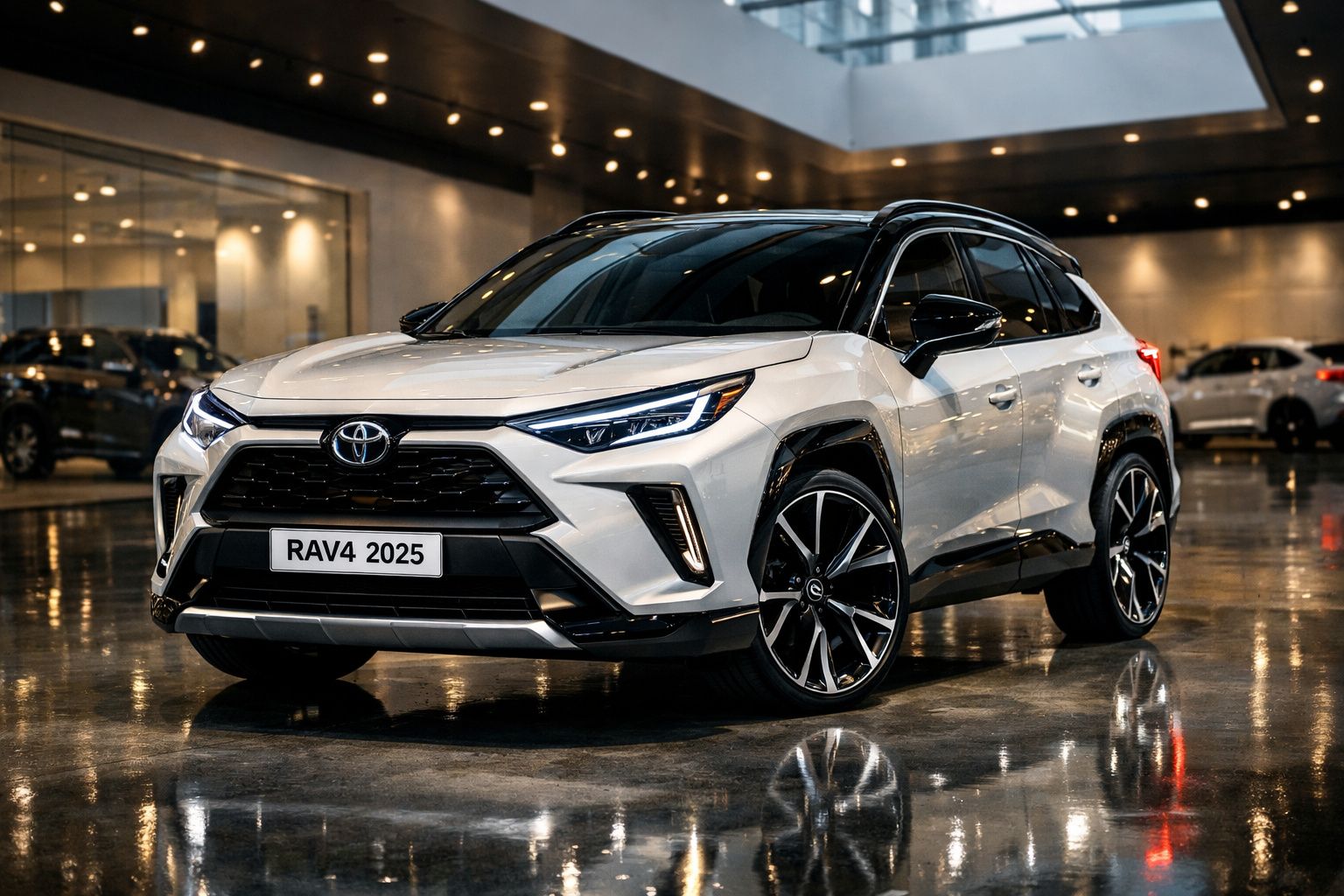 Carro Toyota RAV4 2025 branco estacionado em garagem moderna com piso refletor polido.