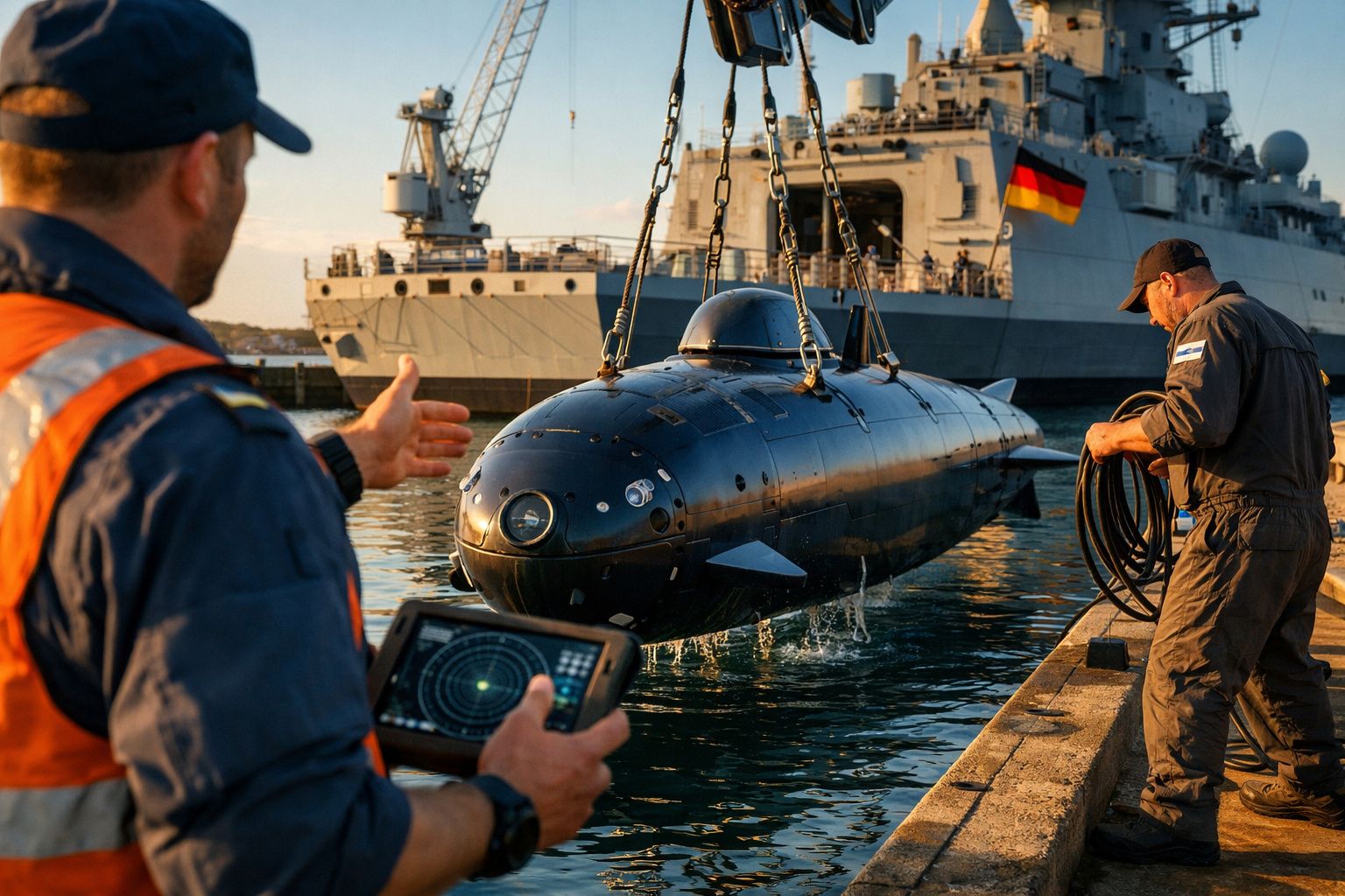 Homens militares operam um veículo subaquático não tripulado suspenso por guinchos junto a um navio de guerra no porto.