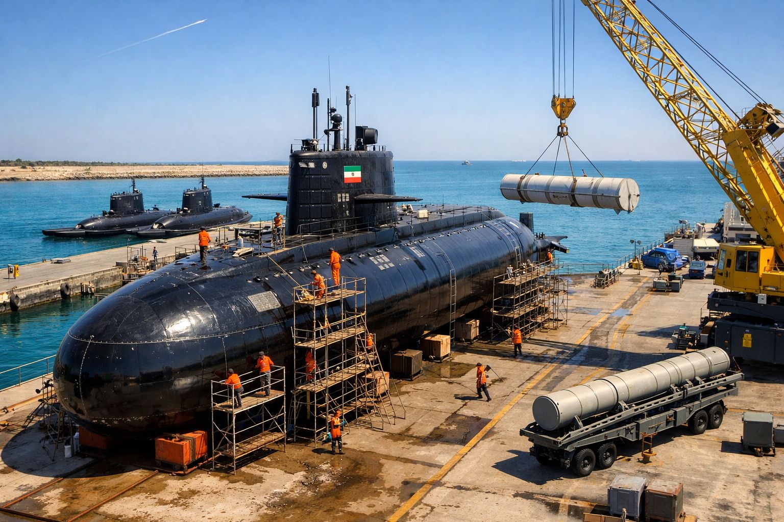 Submarino preto em doca com trabalhadores e grua a movimentar equipamento cylindrical no porto junto ao mar.